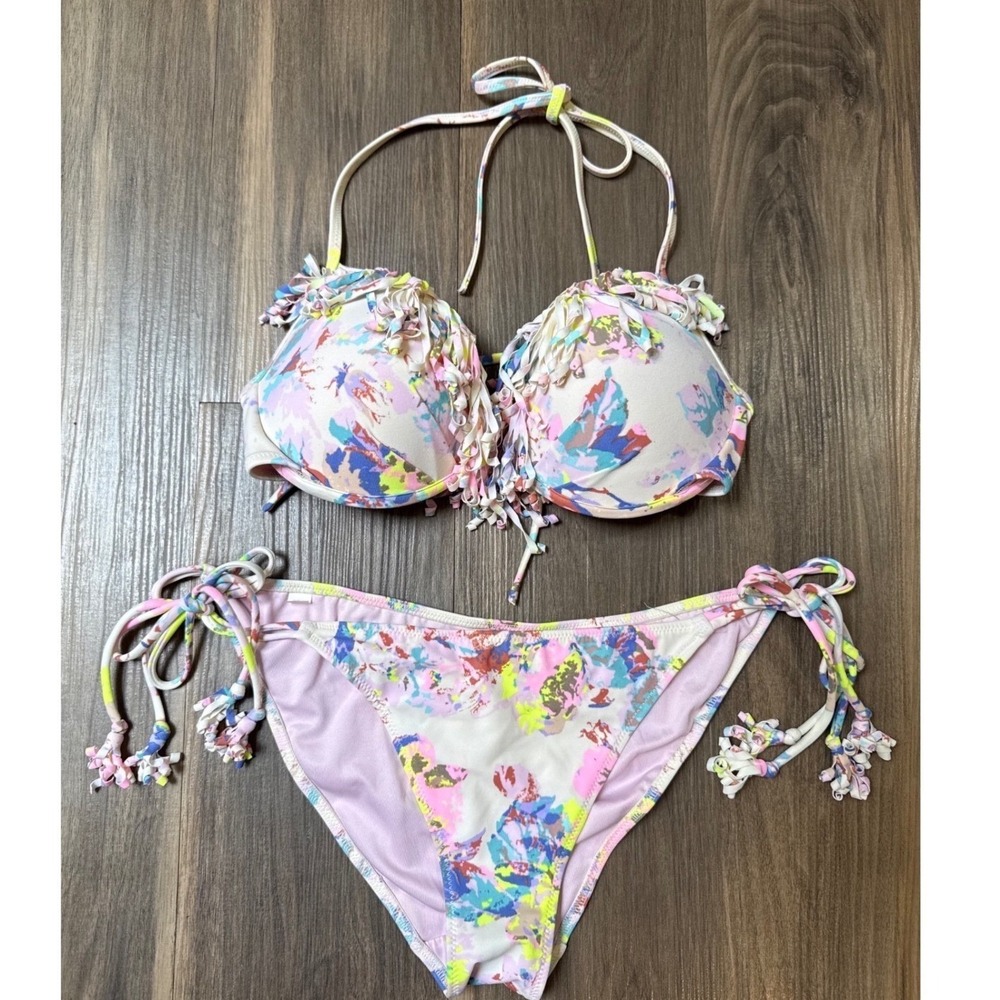 Victoria's Secret Bikini Set Women 36B/M Pink Floral Fringe The‎ Fabulous Teeny